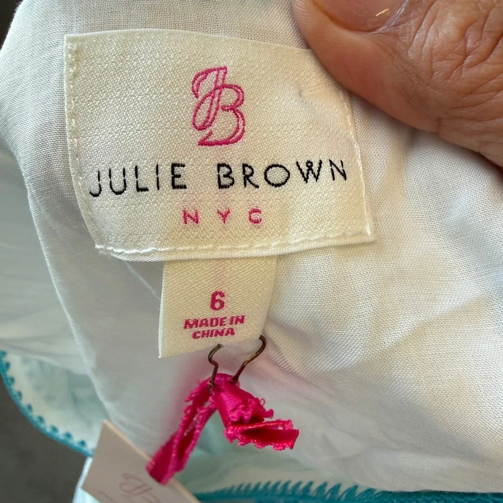 Julie Brown Selma Dress Women 6 Ivory Turquoise New Embroidered‎ Tassel Ruffle